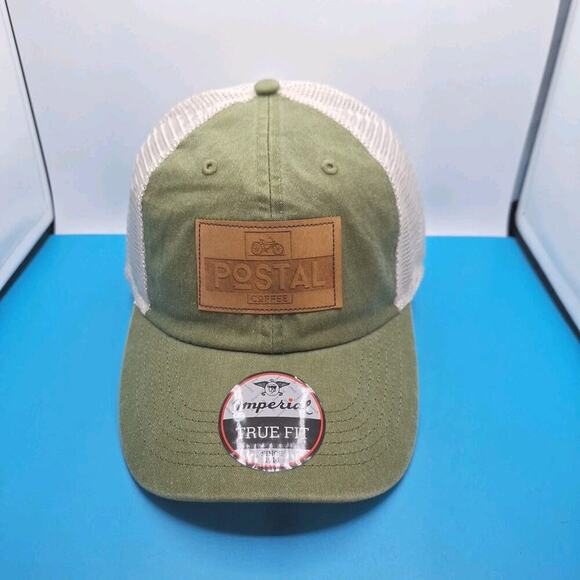Postal Coffee Leather Patch Trucker Snapback Hat Cap Green Cotton - Picture 1 of 7